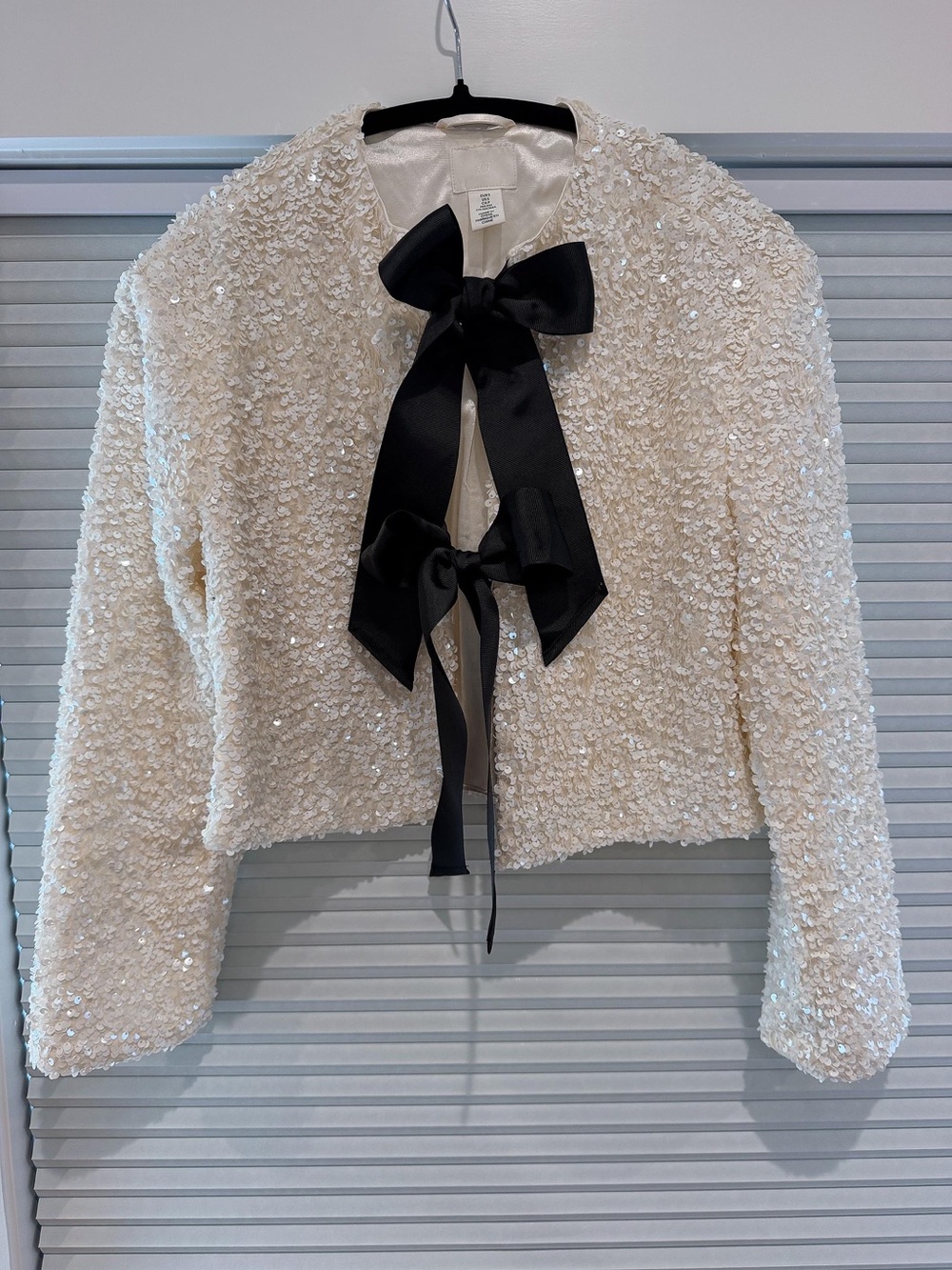 H&M Ivory Sequin Cropped Jacket with Black Ribbon Bows